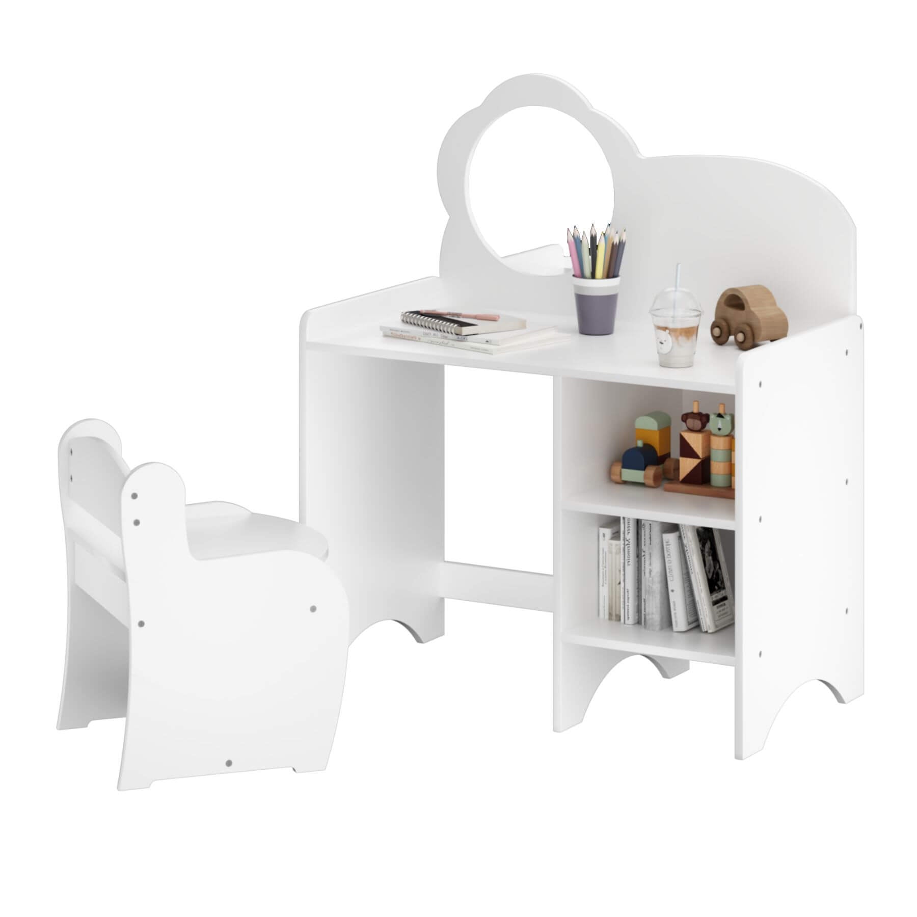 MOONRIVER Kids Vanity Table with Mirror and Chair - White
