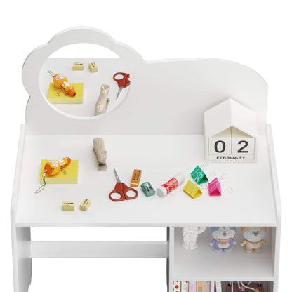 White children's desk with various stationery items and a calendar on a white background