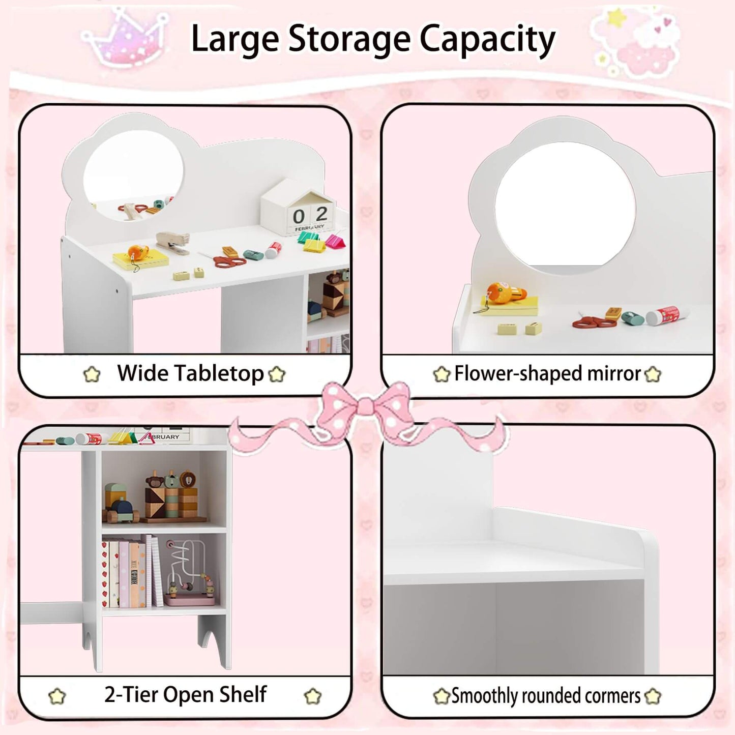 Children's desk with storage capacity features on a pink background