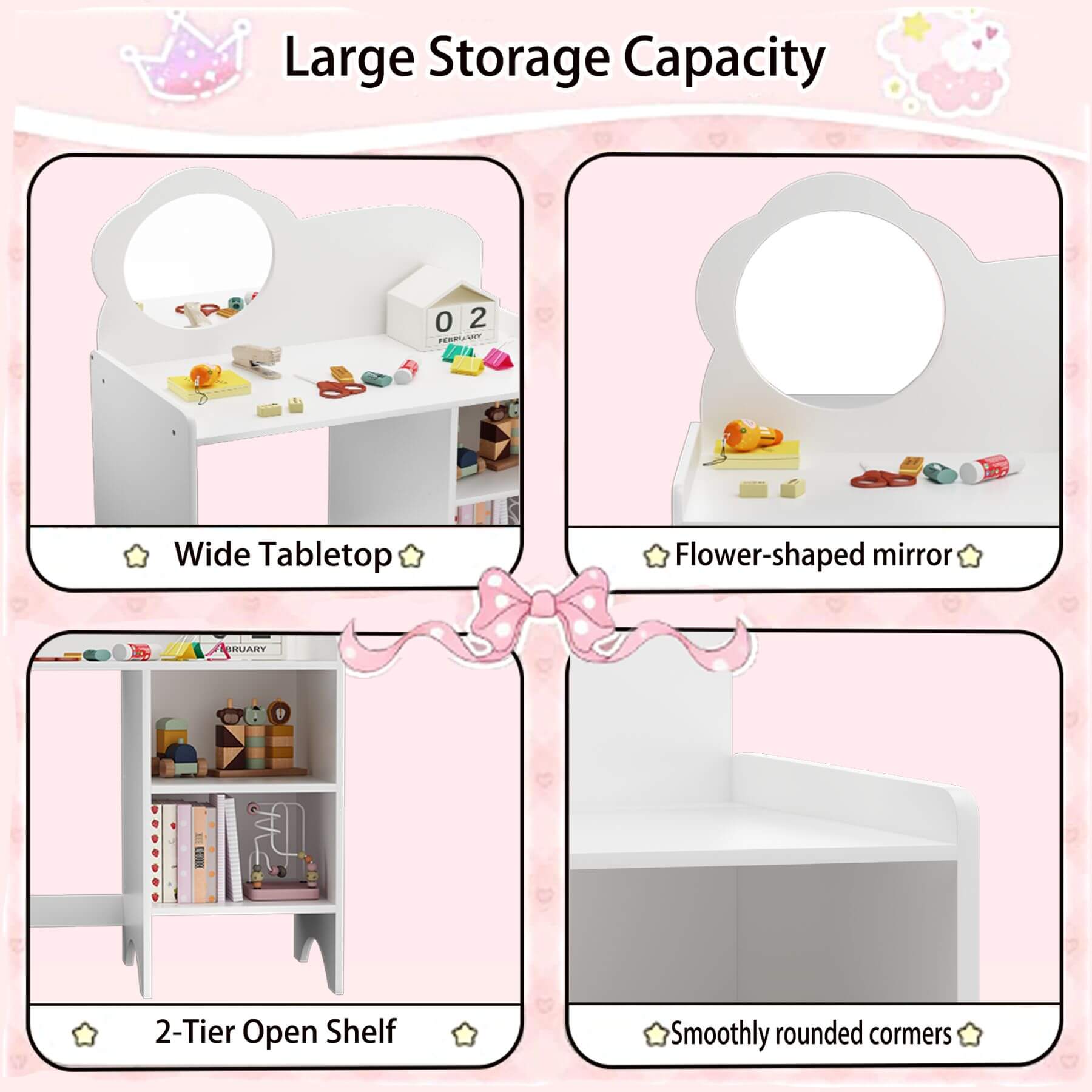 Children's desk with storage capacity features on a pink background