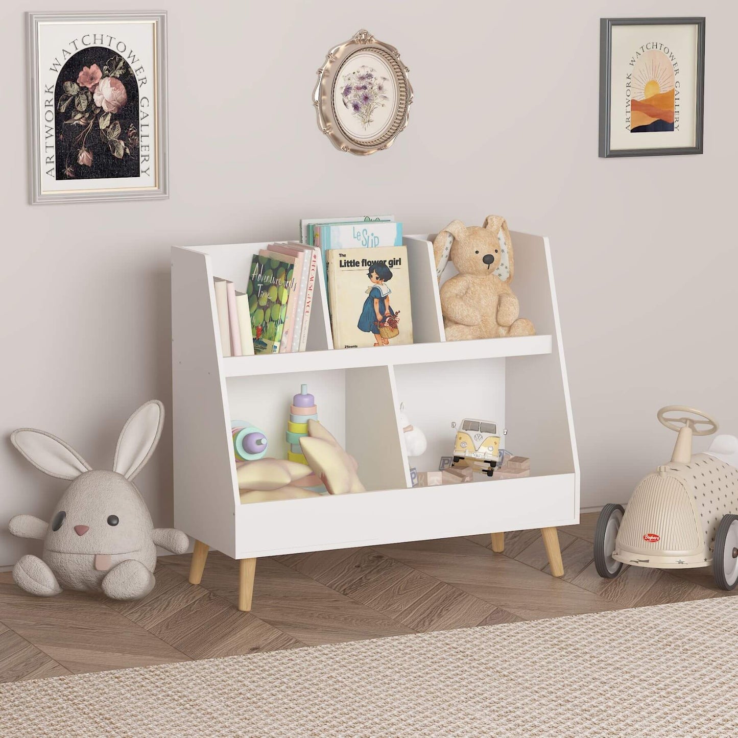 MOONRIVER Modern Kids Bookshelf - White with toys and books in a room with framed pictures on the wall.