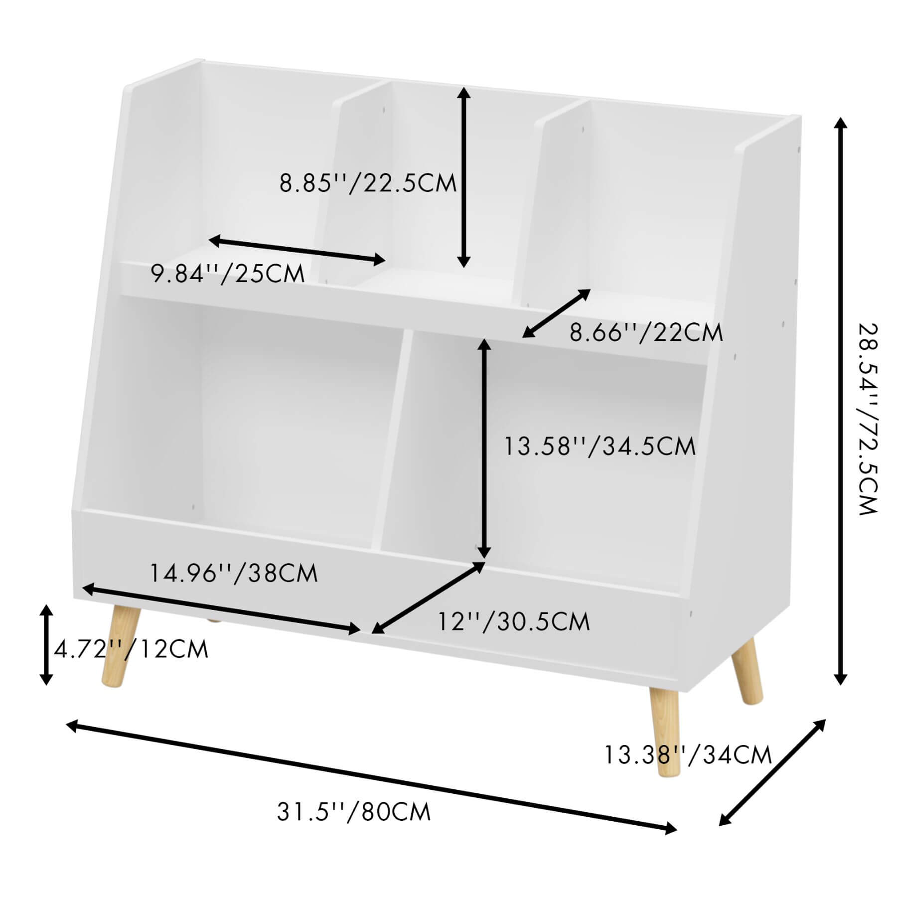 MOONRIVER Modern Kids Bookshelf - White with dimensions labeled on a white background