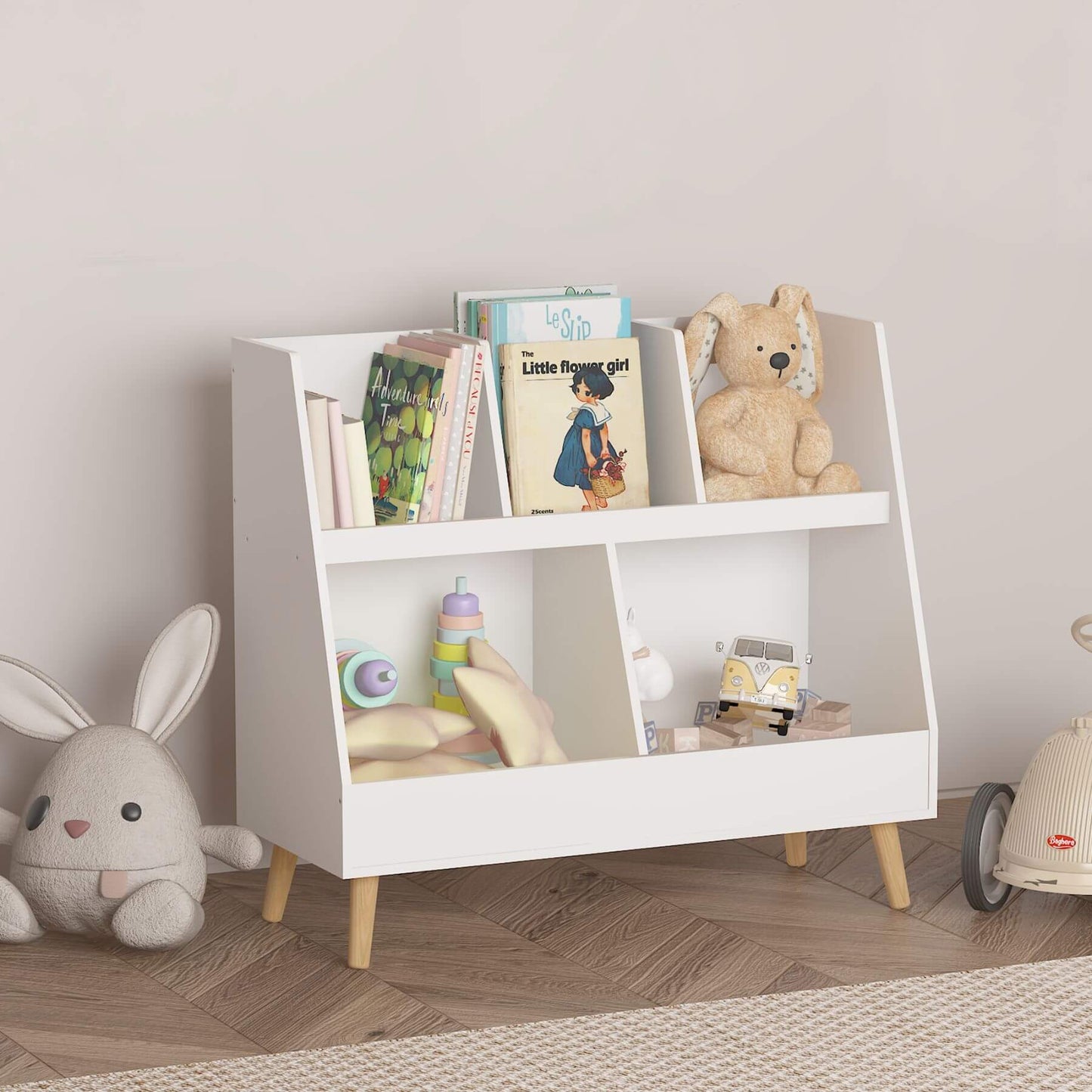 MOONRIVER Modern Kids Bookshelf - White with toys and books against a plain wall.