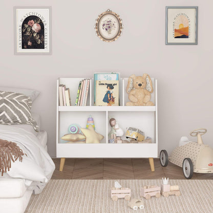 Children's room with MOONRIVER Modern Kids Bookshelf - White, toys, and framed pictures on the wall.
