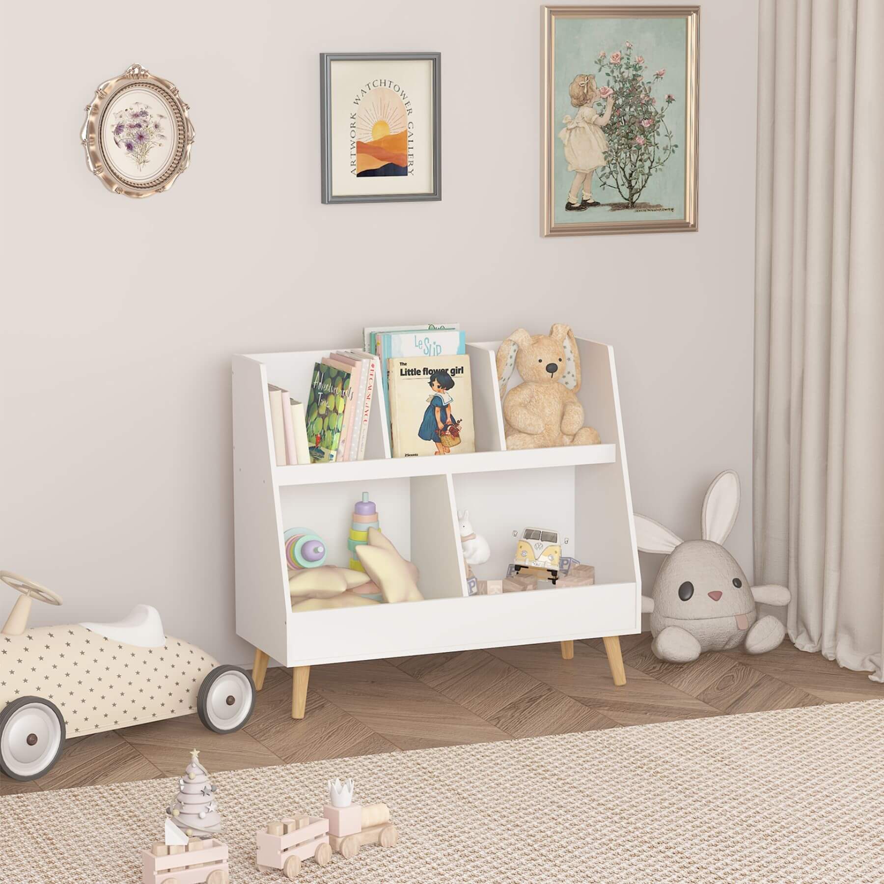 MOONRIVER Modern Kids Bookshelf - White with toys in a room with framed pictures on the wall.