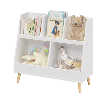 MOONRIVER Modern Kids Bookshelf - White with toys and books on a white background