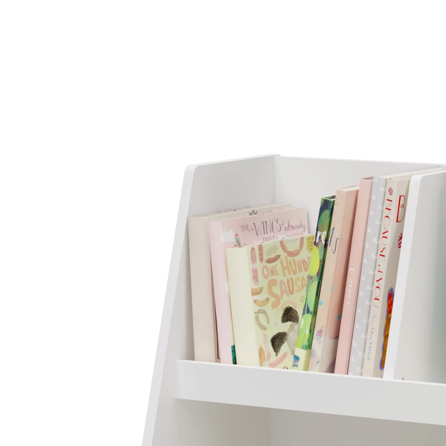 MOONRIVER Modern Kids Bookshelf - White with colorful books on a white background