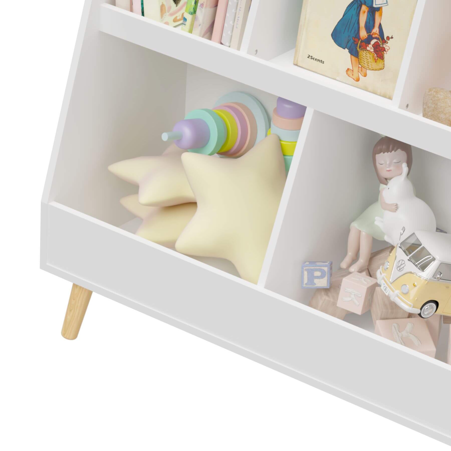 MOONRIVER Modern Kids Bookshelf - White with toys and books on a white background