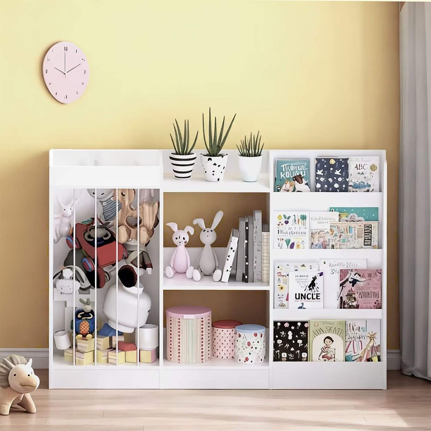 MOONRIVER 3-Tier Montessori Bookcase - White with toys, books, and decorative items against a yellow wall.