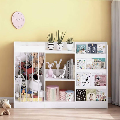 MOONRIVER 3-Tier Montessori Bookcase - White with toys, books, and decorative items against a yellow wall.