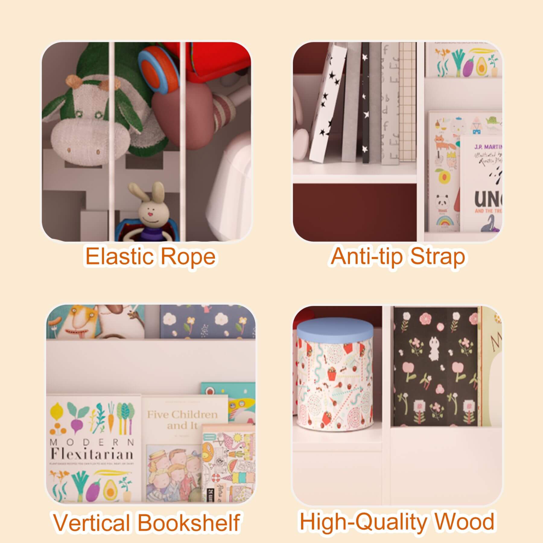 Collage of children's products with labels for elastic rope, anti-tip strap, vertical bookshelf, and high-quality wood.