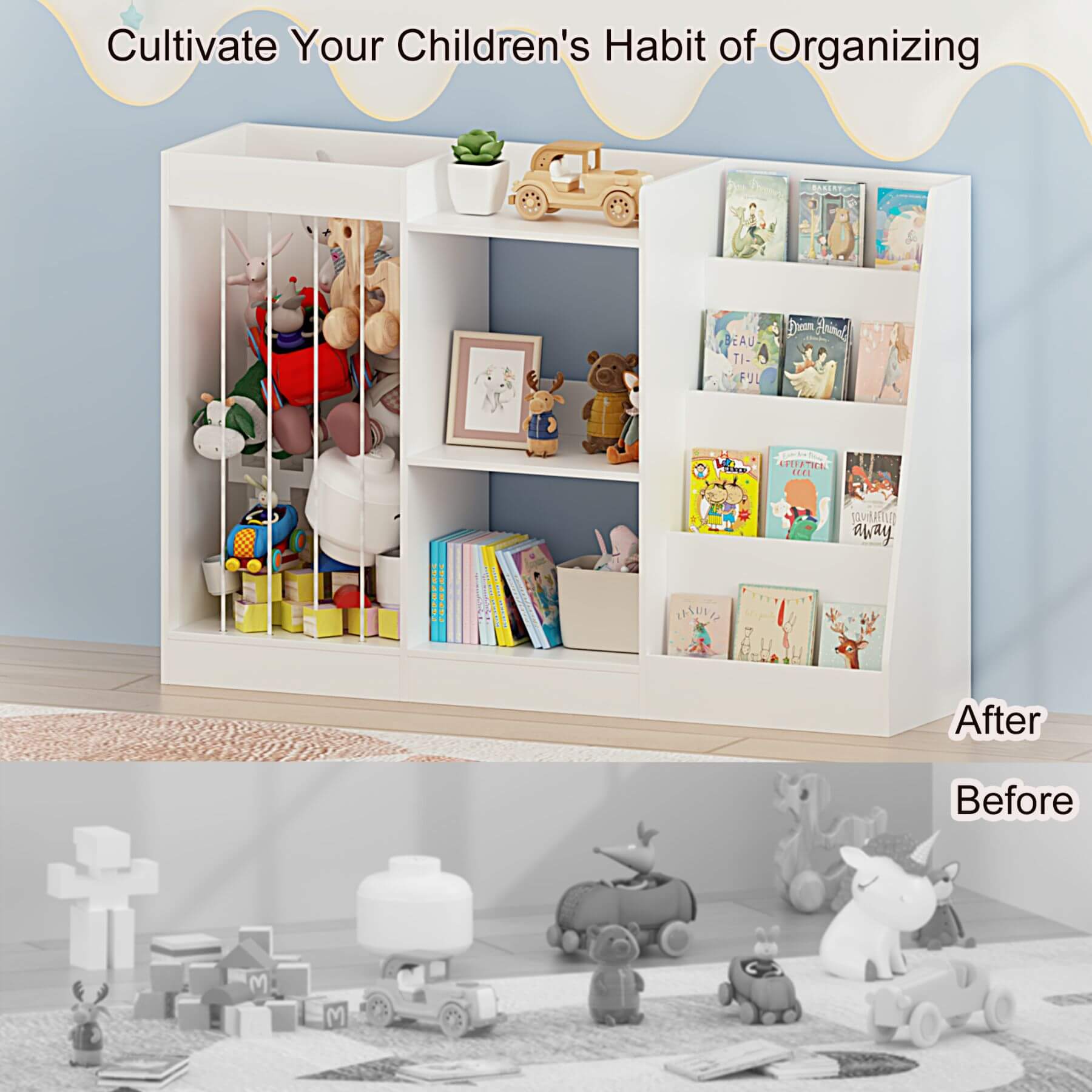 Before and after comparison of a children's room with organized toys and books on shelves.