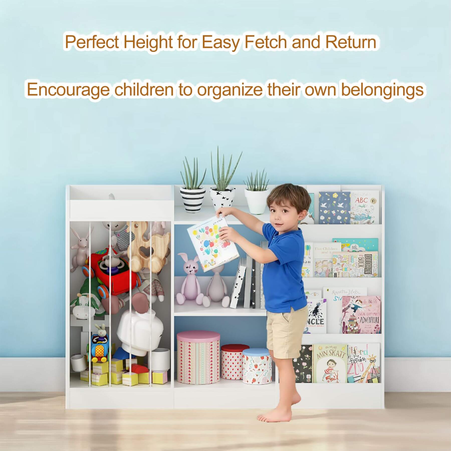 Child organizing toys and books in MOONRIVER 3-Tier Montessori Bookcase - White with a blue wall background.