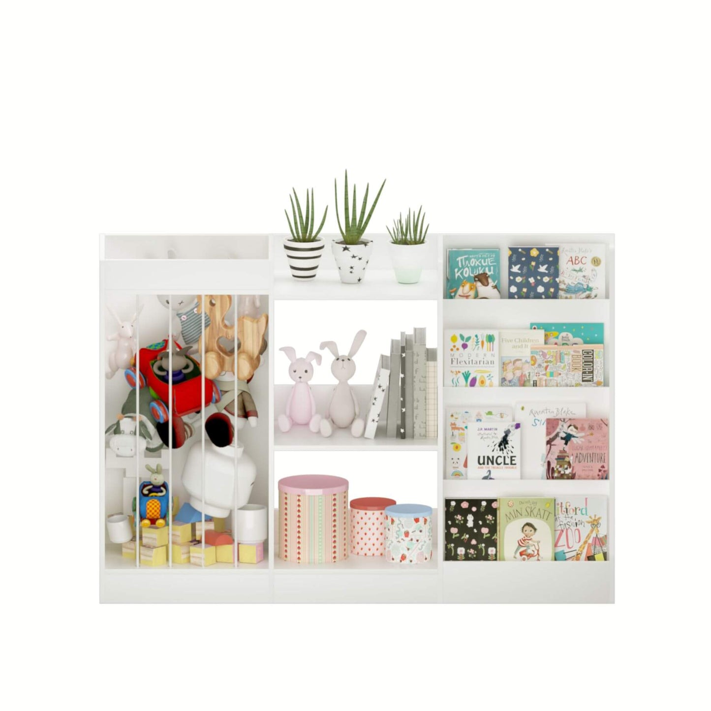 MOONRIVER 3-Tier Montessori Bookcase - White with toys, books, and decorative items on a white background