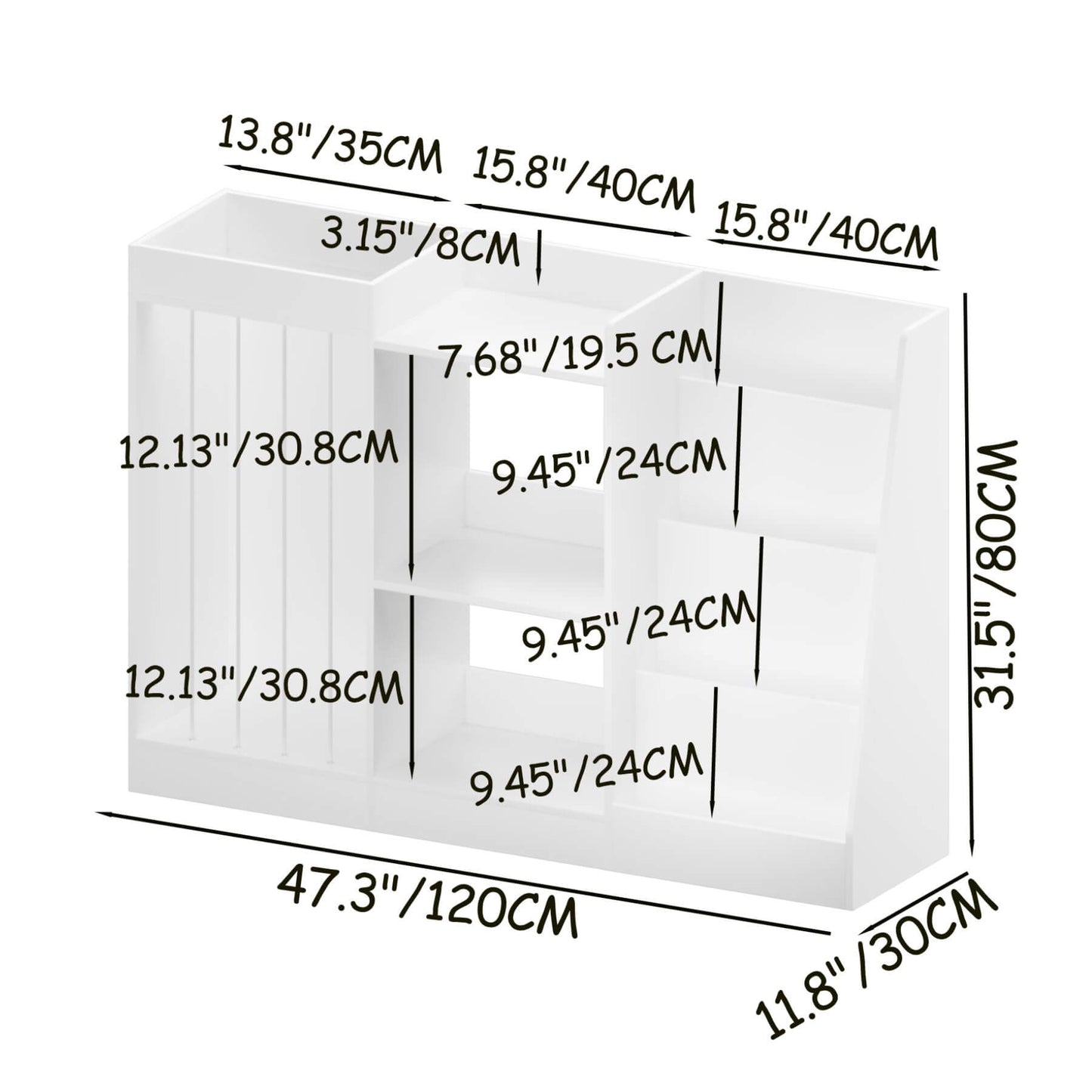 MOONRIVER 3-Tier Montessori Bookcase - White with dimensions labeled on a white background