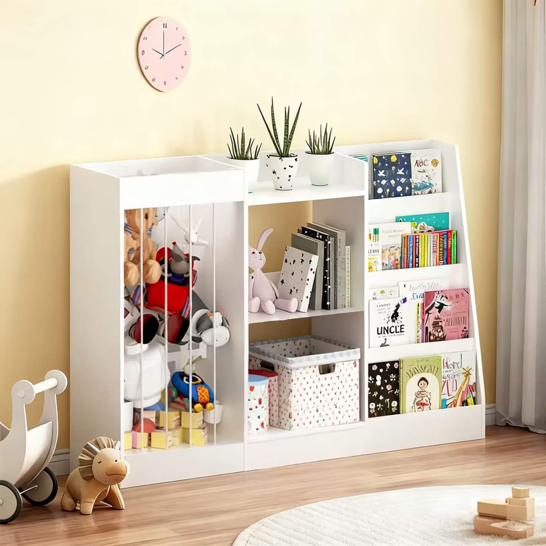 MOONRIVER 3-Tier Montessori Bookcase - White with toys and books in a child's room