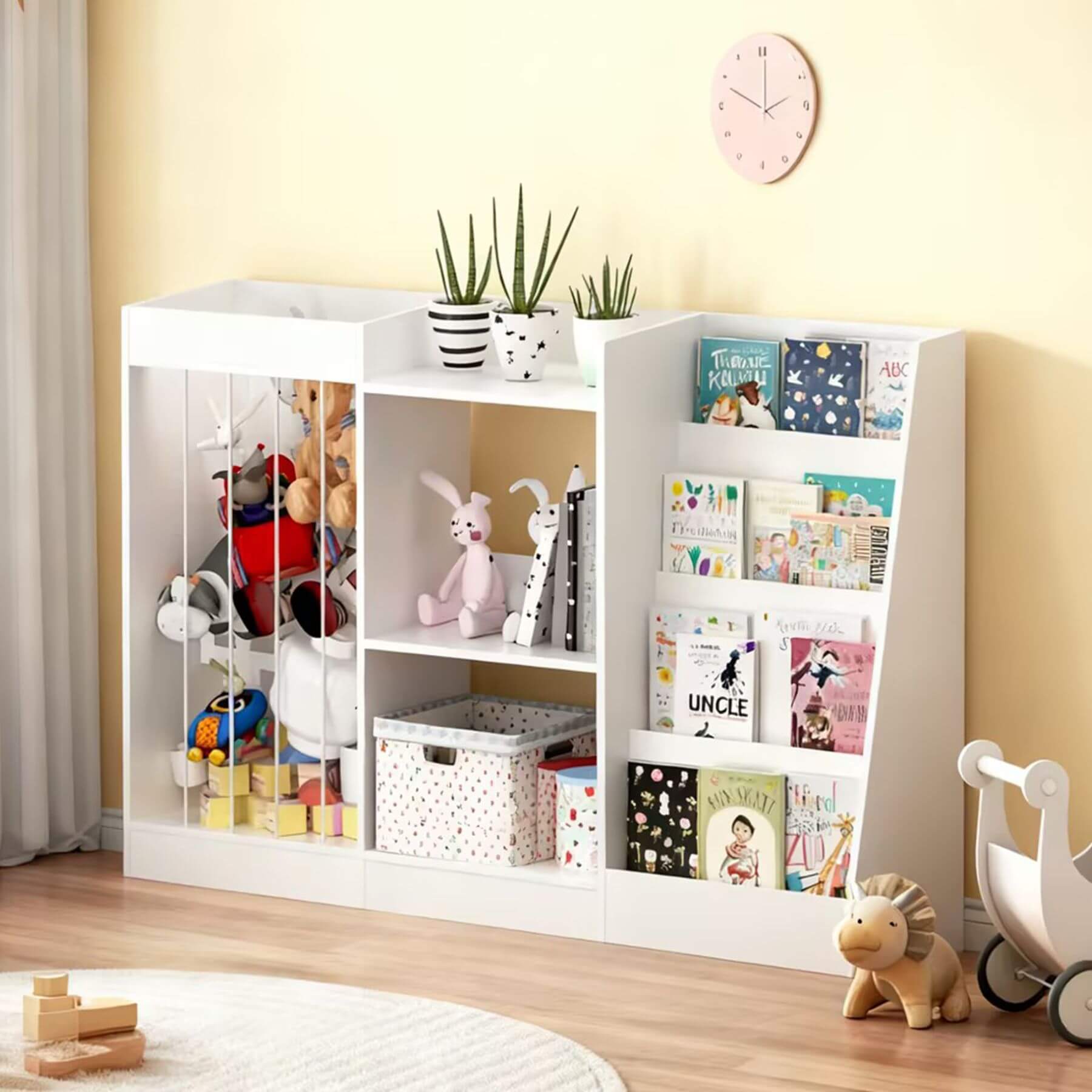 MOONRIVER 3-Tier Montessori Bookcase - White with toys and books in a child's room