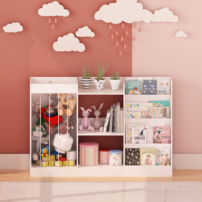 MOONRIVER 3-Tier Montessori Bookcase - White with toys and books against a pink wall with cloud decorations