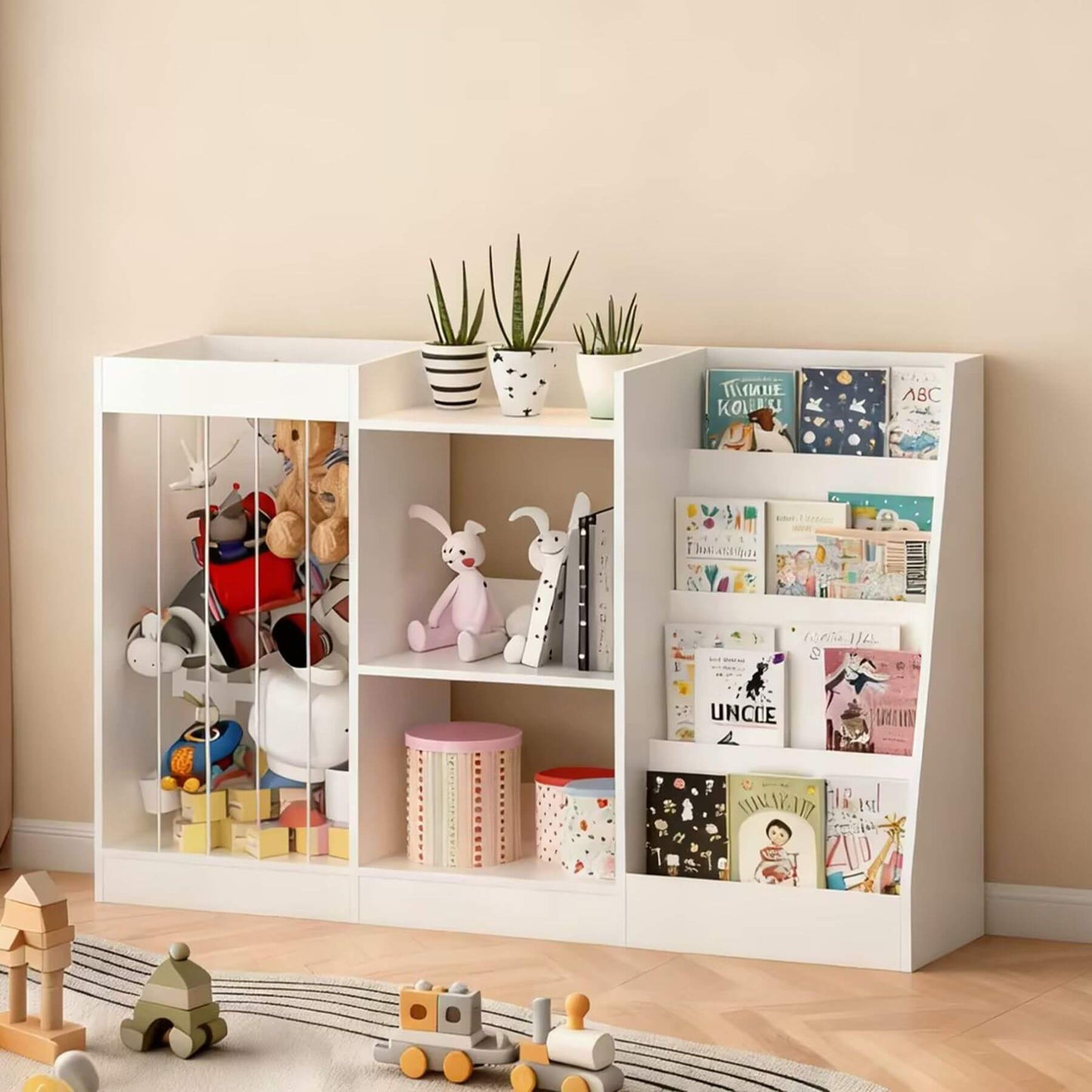 MOONRIVER 3-Tier Montessori Bookcase - White with toys and books in a room.