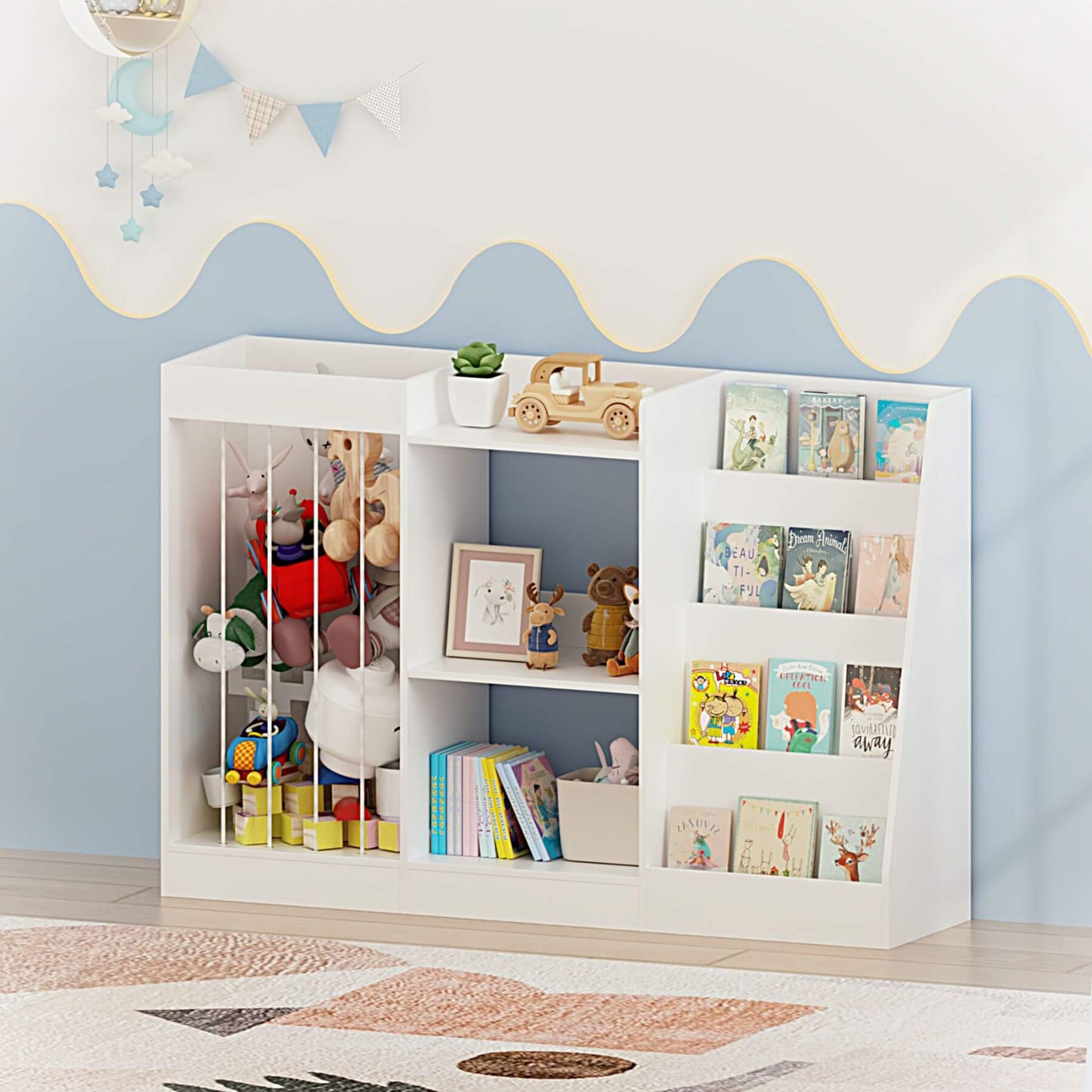 MOONRIVER 3-Tier Montessori Bookcase - White with toys and books against a blue wall.