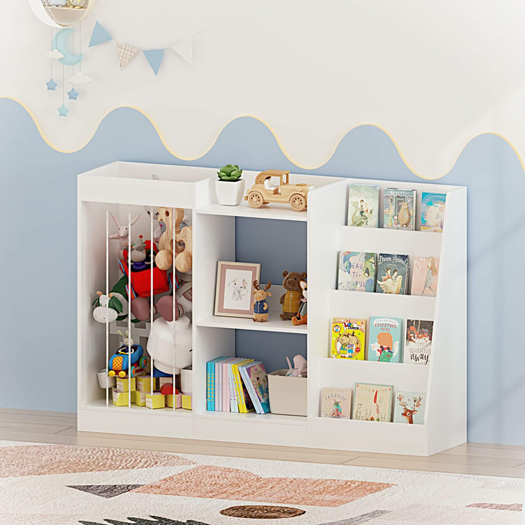 MOONRIVER 3-Tier Montessori Bookcase - White with toys and books against a blue wall.