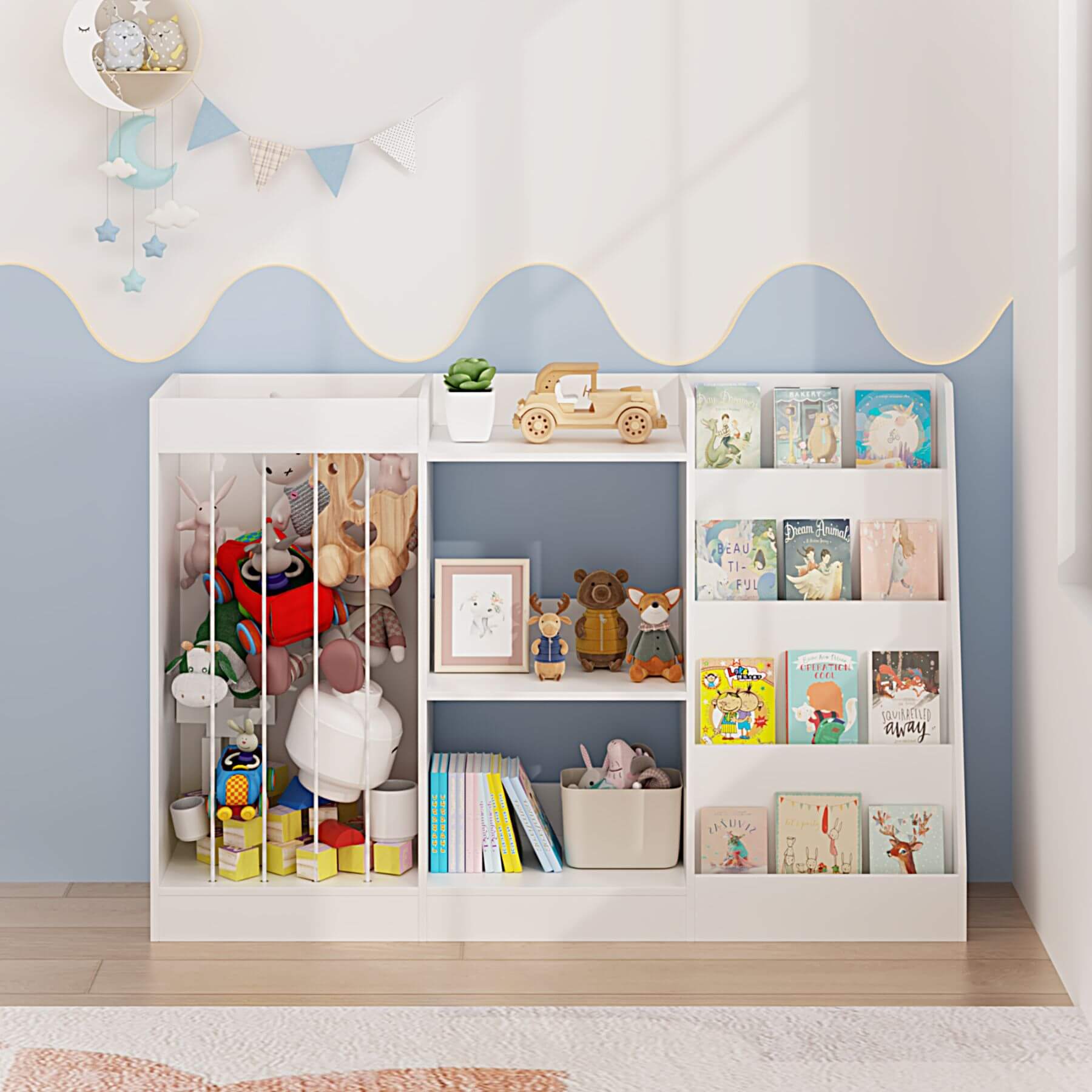 MOONRIVER 3-Tier Montessori Bookcase - White with toys and books against a light blue wall.