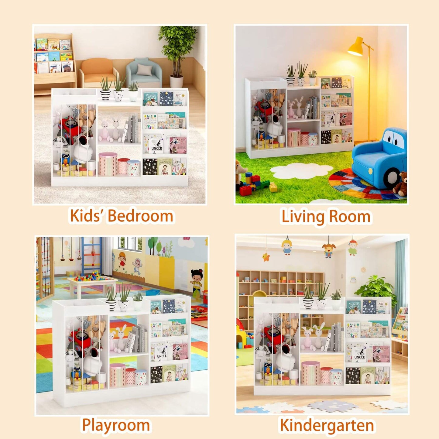 Collage of a storage unit in different room settings: kids' bedroom, living room, playroom, and kindergarten.