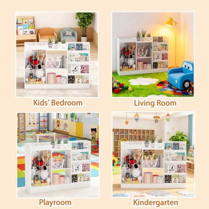 Collage of a storage unit in different room settings: kids' bedroom, living room, playroom, and kindergarten.