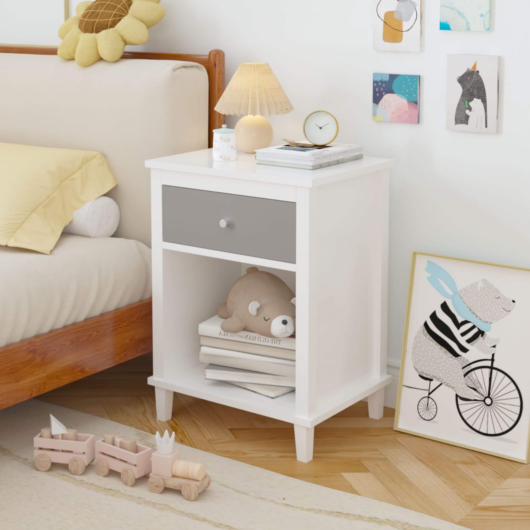 MOONRIVER Wooden Nightstand with One Drawer - White+Gray in a bedroom setting