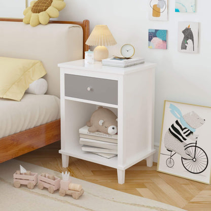 MOONRIVER Wooden Nightstand with One Drawer - White+Gray in a bedroom setting
