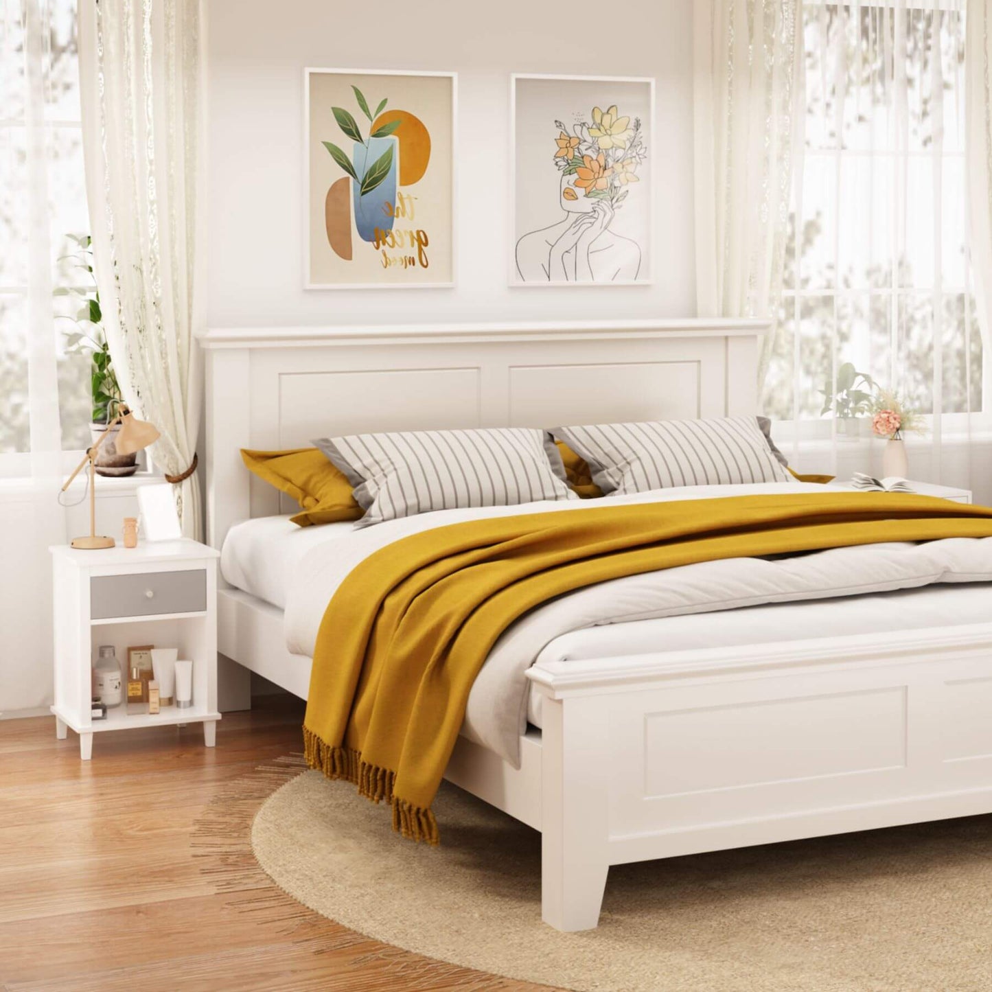 White bedroom with a bed, MOONRIVER Wooden Nightstand with One Drawer - White+Gray, and wall art