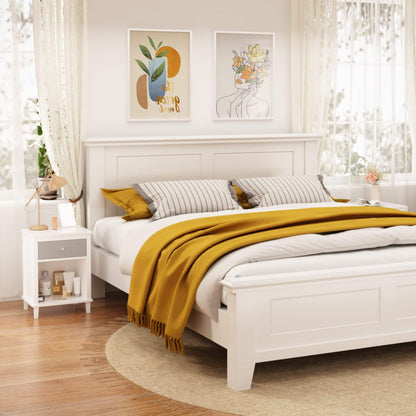 White bedroom with a bed, MOONRIVER Wooden Nightstand with One Drawer - White+Gray, and wall art