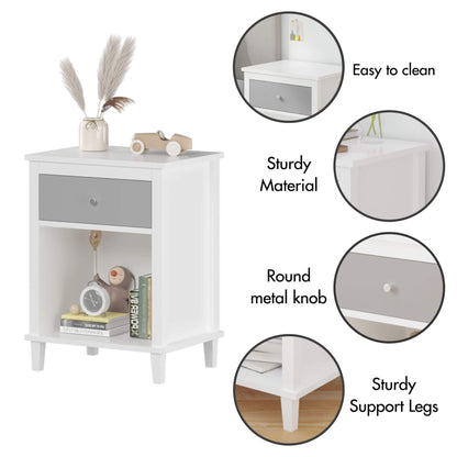 MOONRIVER Wooden Nightstand with One Drawer - White+Gray with features highlighted on a white background