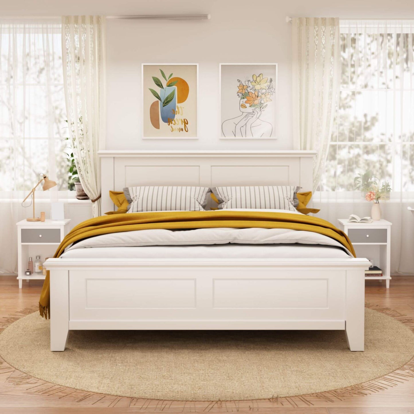 White bedroom with a bed, MOONRIVER Wooden Nightstand with One Drawer - White+Gray, and wall art