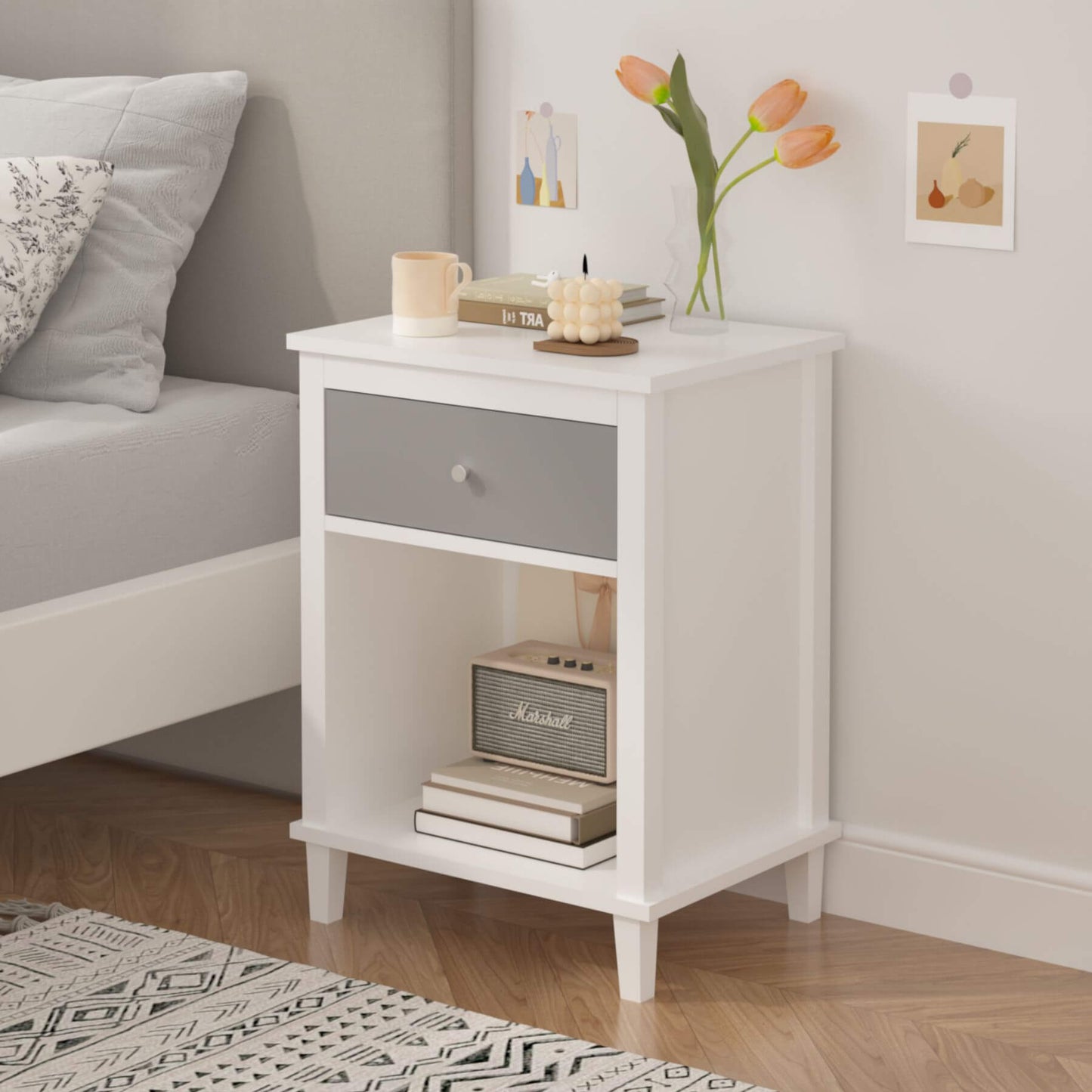MOONRIVER Wooden Nightstand with One Drawer - White+Gray next to a bed in a bedroom setting.