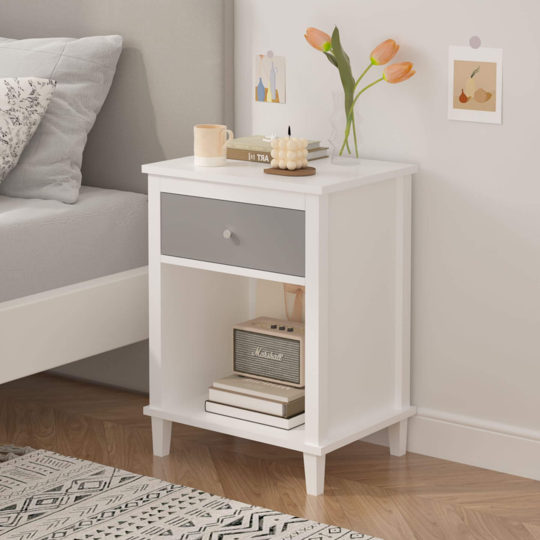 MOONRIVER Wooden Nightstand with One Drawer - White+Gray next to a bed in a bedroom setting.
