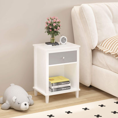 MOONRIVER Wooden Nightstand with One Drawer - White+Gray next to a beige sofa, featuring books, a vase with flowers, and a clock.