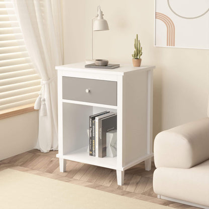 MOONRIVER Wooden Nightstand with One Drawer - White+Gray with books and a plant in a room with a couch and window blinds.