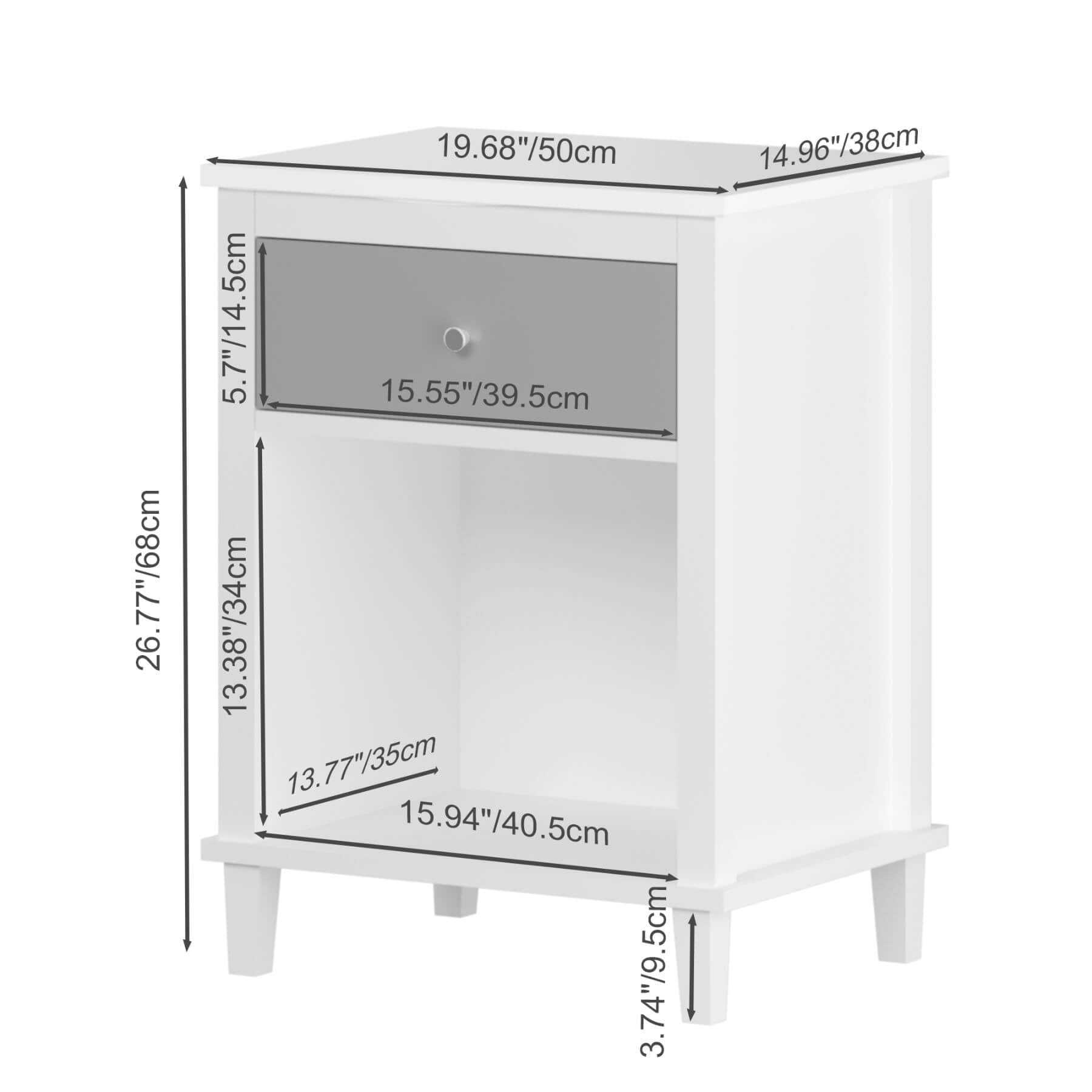 MOONRIVER Wooden Nightstand with One Drawer - White+Gray with dimensions labeled on a white background