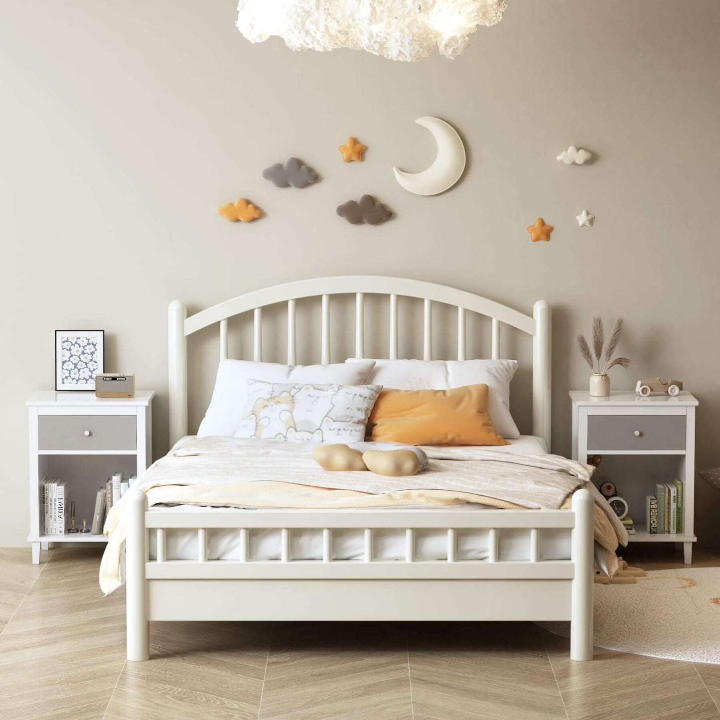 White bed in a bedroom with decorative wall art and MOONRIVER Wooden Nightstand with One Drawer - White+Gray