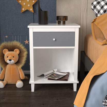 MOONRIVER Wooden Nightstand with One Drawer - White+Gray next to a plush lion toy and bed with yellow blanket.