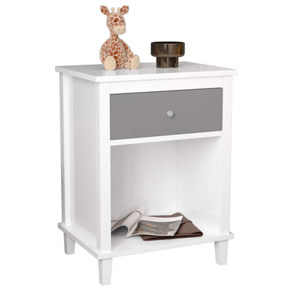 MOONRIVER Wooden Nightstand with One Drawer - White+Gray and decorative items on a white background