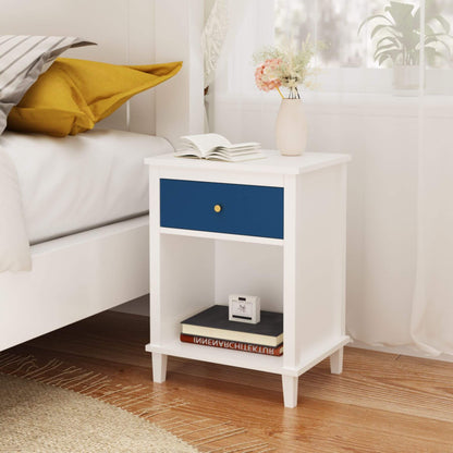 MOONRIVER Golden Handle Wooden Nightstand - White & Navy next to a white sofa with yellow pillow