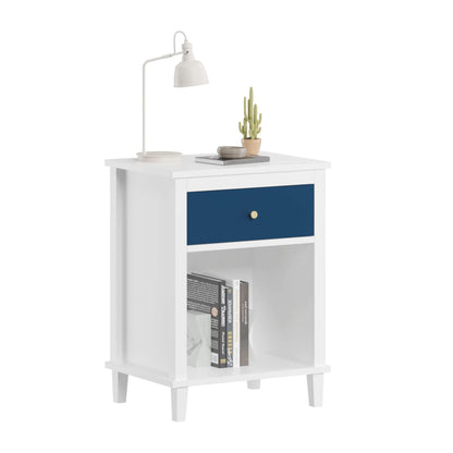 MOONRIVER Golden Handle Wooden Nightstand - White & Navy and books on a white background
