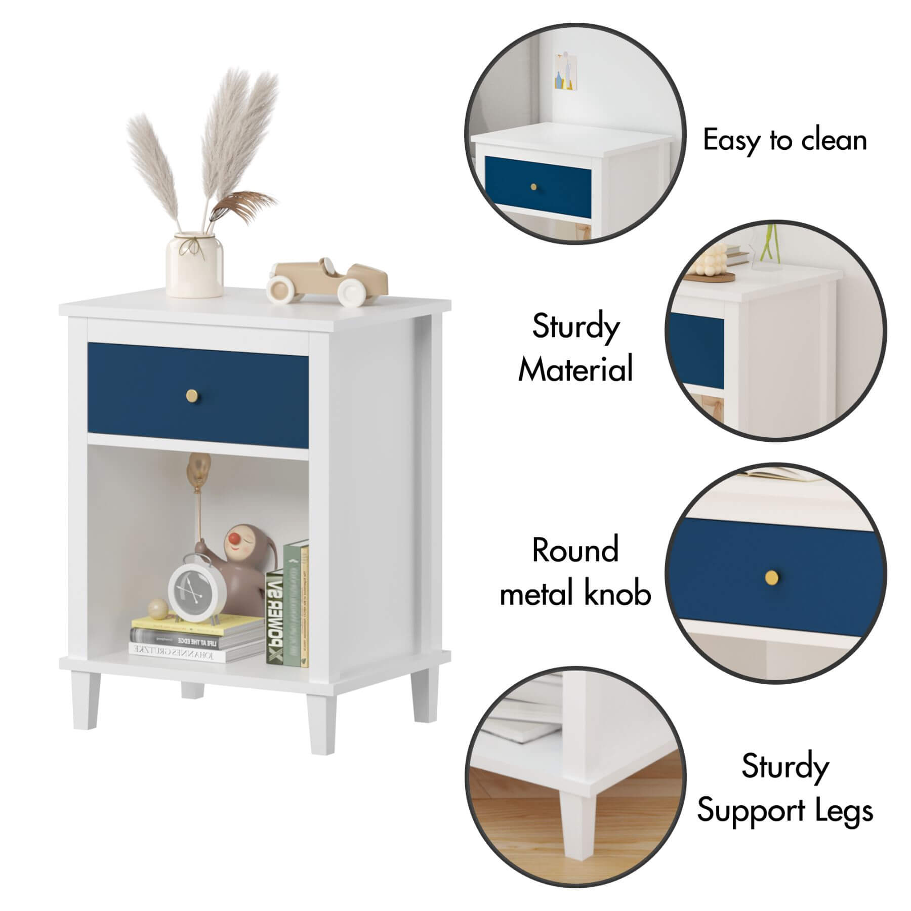 MOONRIVER Golden Handle Wooden Nightstand - White & Navy with features highlighted on a white background