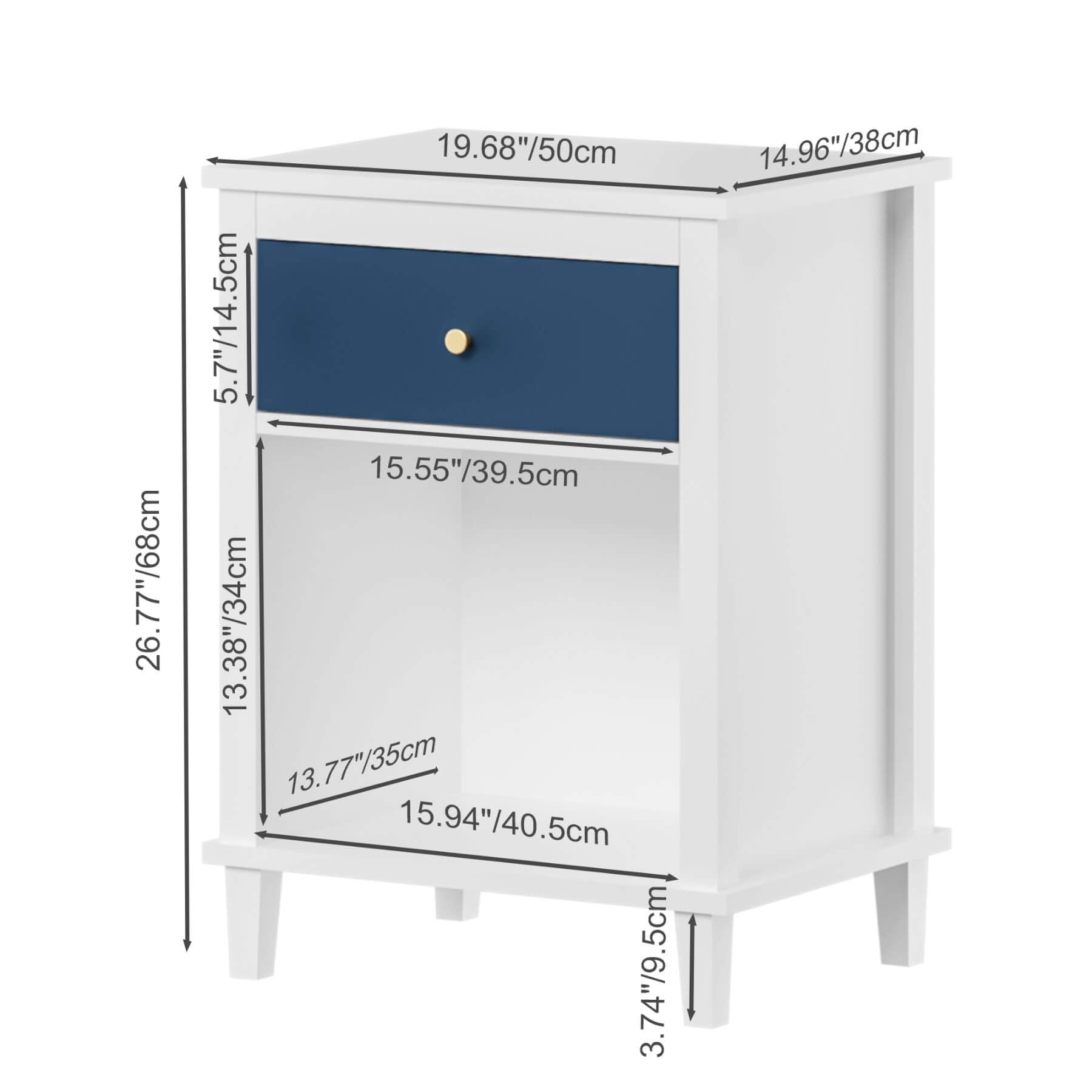 MOONRIVER Golden Handle Wooden Nightstand - White & Navy and dimensions labeled