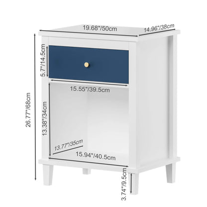 MOONRIVER Golden Handle Wooden Nightstand - White & Navy and dimensions labeled