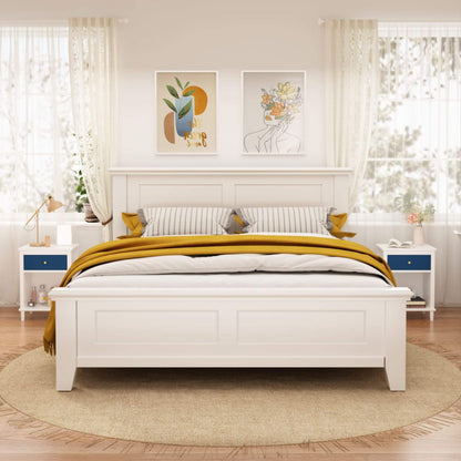 White bedroom with a bed, nightstands, and wall art