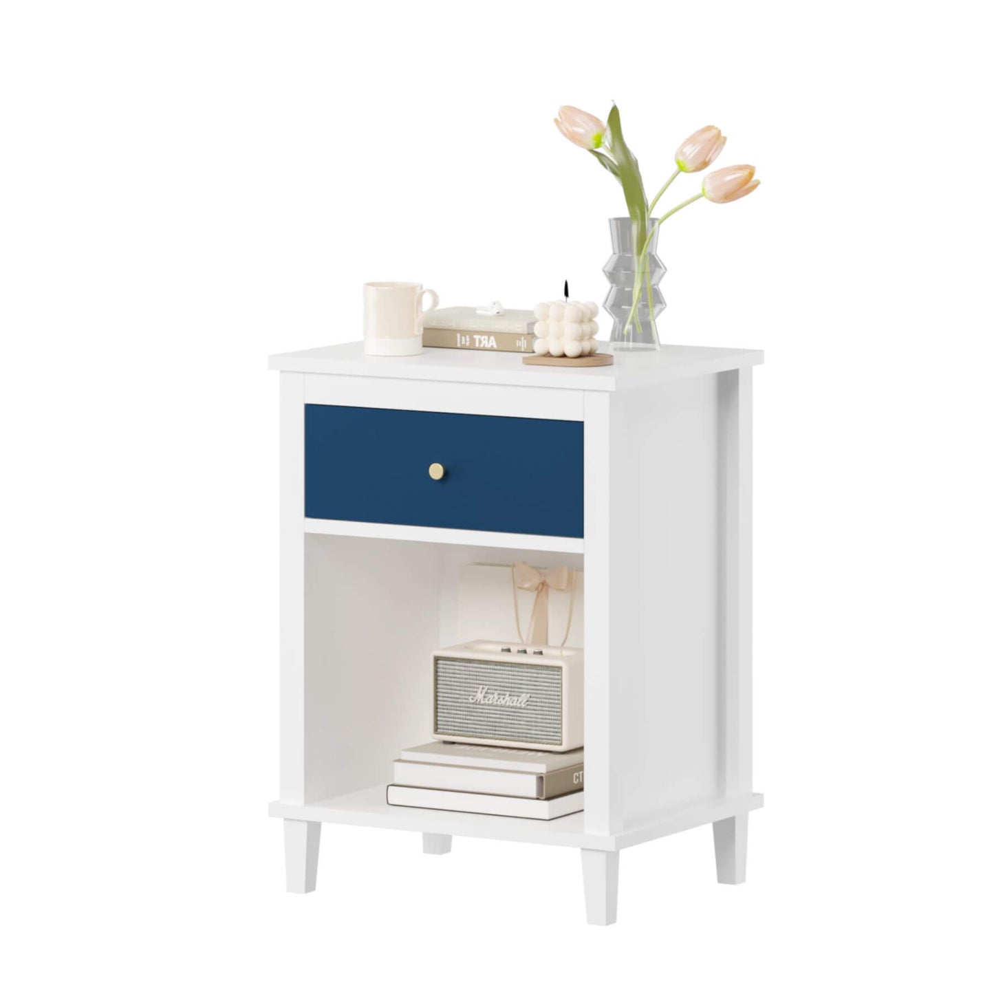 MOONRIVER Golden Handle Wooden Nightstand - White & Navy and decorative items on a white background