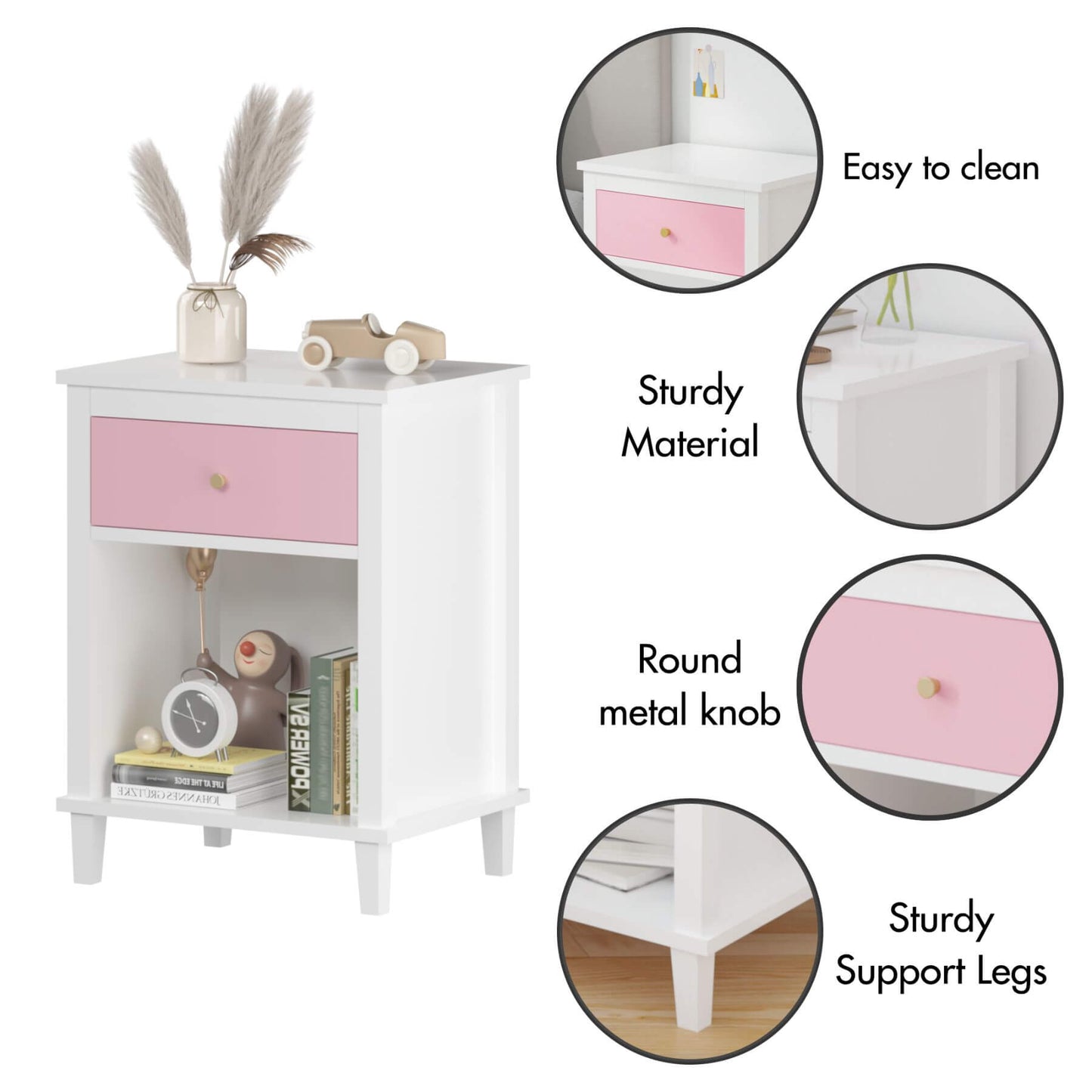 MOONRIVER Golden Handle Wooden Nightstand - Pink with features highlighted on a white background